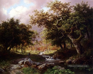  Barend Tableaux - Un paysage boisé avec des personnages le long d’un ruisseau néerlandais Barend Cornelis Koekkoek